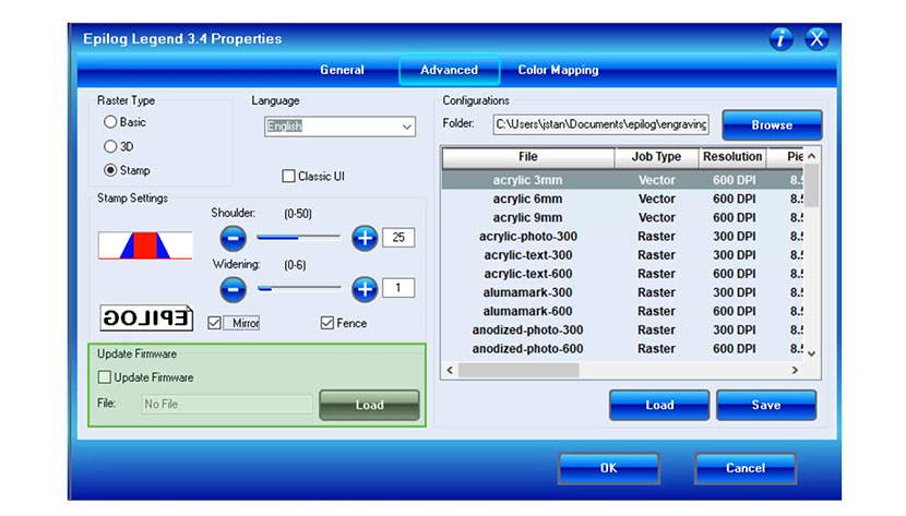 The Update Firmware section of the Epilog Legend print driver.