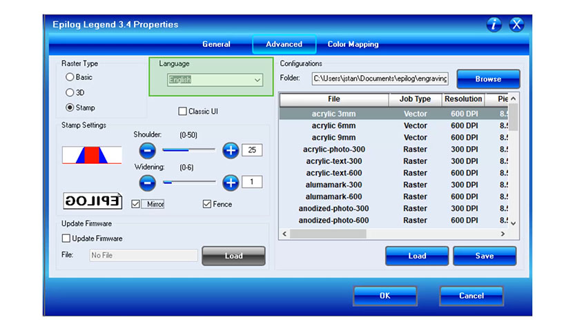 The Language drop-down in the Epilog Legend print driver.