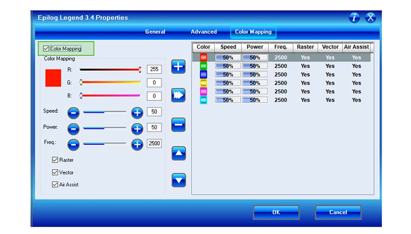 The Color Mapping checkbox in the Epilog Legend print driver.