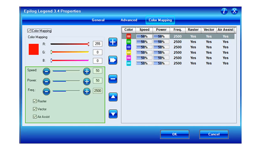 The laser settings section of the Color Mapping tab in the Epilog Legend print driver.