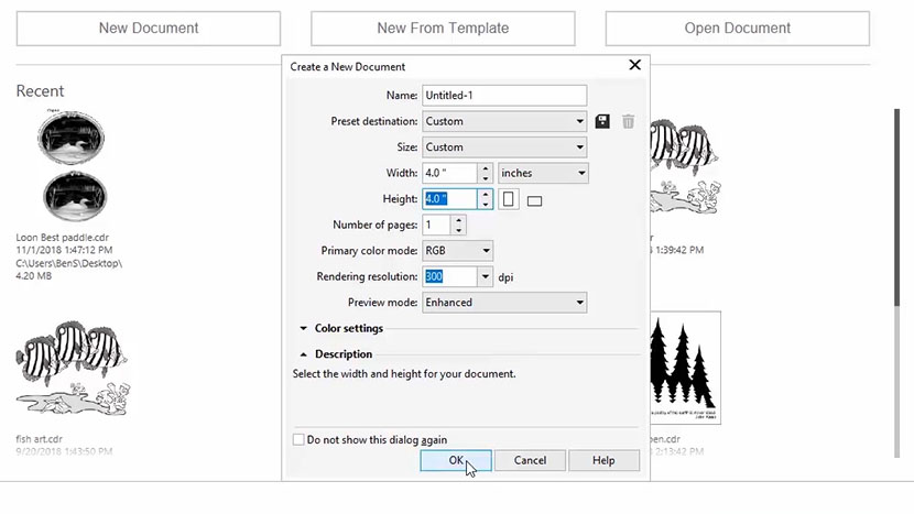 The New Document dialog in CorelDRAW.