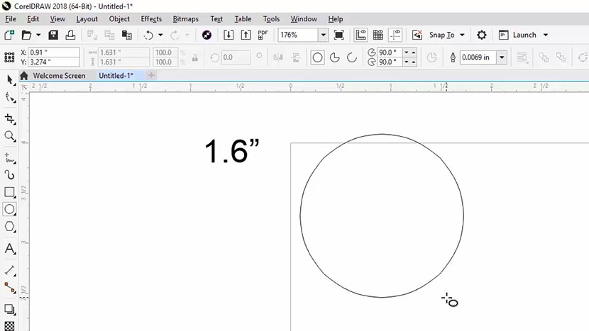 Creating a 1.6 in. diameter circle in CorelDRAW.