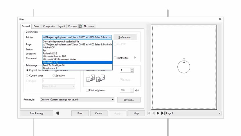 Selecting the Mini/Helix from the Print dialog in CorelDRAW.