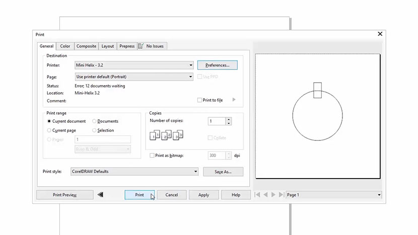 The CorelDRAW print dialog.