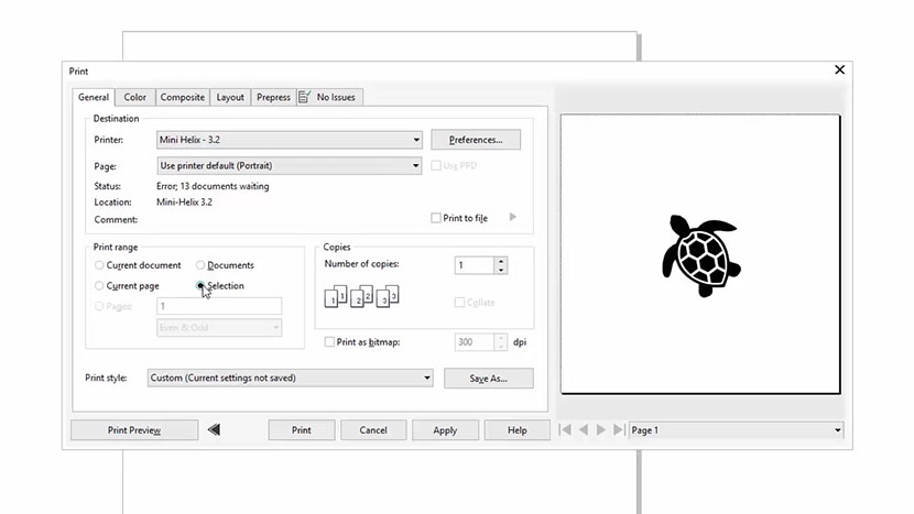 Setting the Print range to Selection in the CorelDRAW Print dialog.