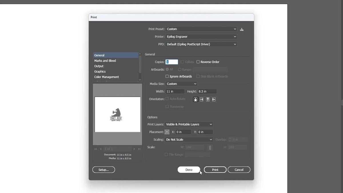 printing to the Epilog Laser Dashboard