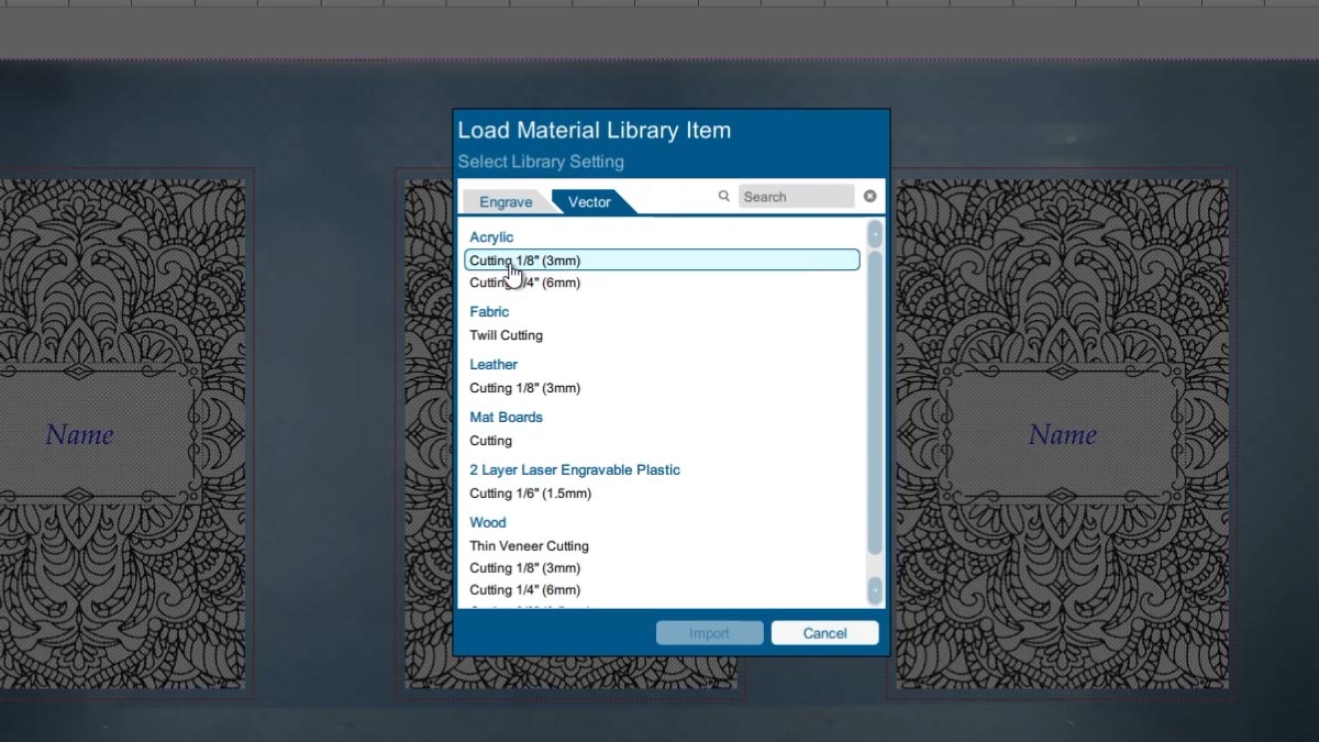 import the settings for acrylic cutting 1/8