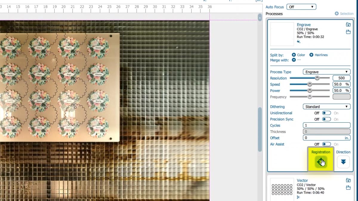Click the Registration marks symbol for the Engrave layer