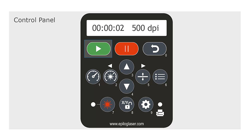 The job timer and engraving resolution displayed on the LCD panel.