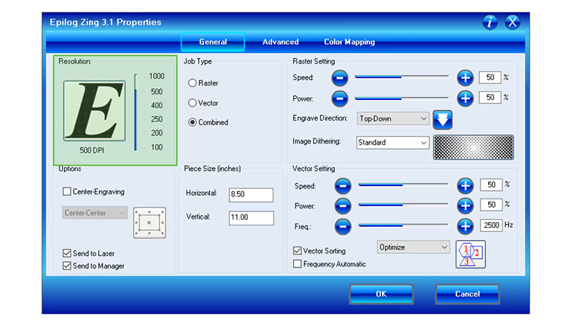 The Resolution settings in the Epilog Fusion print driver. 