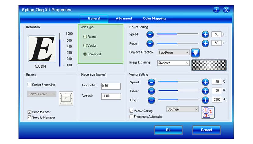 The Job Type settings in the Epilog Zing print driver.