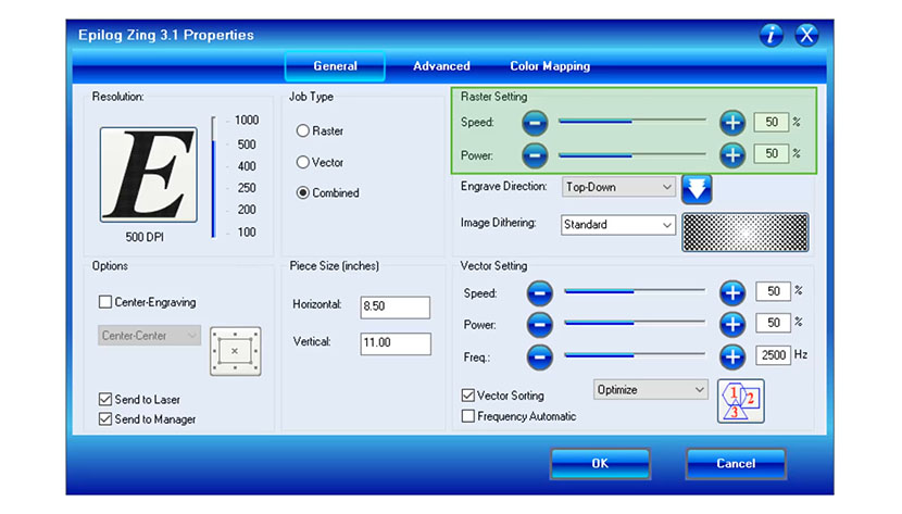 The Raster Settings in the Epilog Zing print driver.