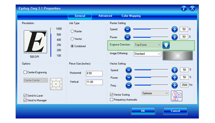 The Engrave Direction setting in the Epilog Zing print driver.