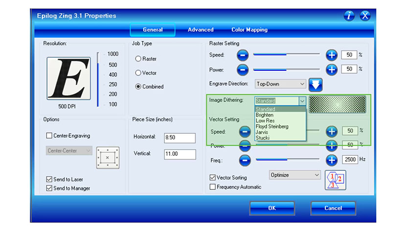 The Image Dithering setting in the Epilog Zing print driver.