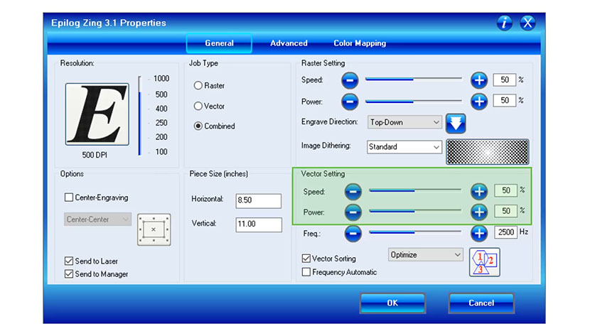 The Vector Settings in the Epilog Zing print driver.