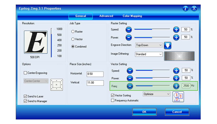 The Vector cutting frequency setting in the Epilog Zing print driver.