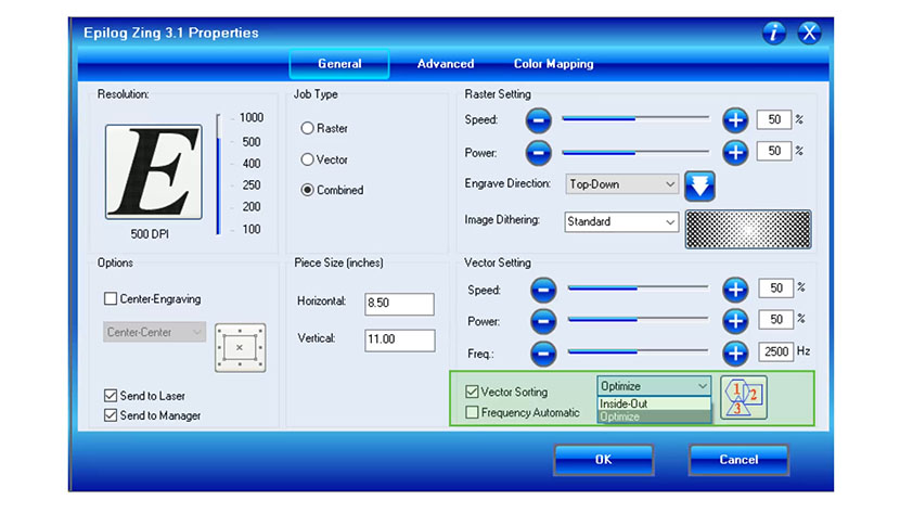 The Vector Sorting setting in the Epilog Zing print driver.