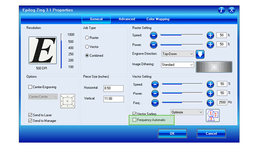 The Frequency Automatic checkbox in the Epilog Zing print driver.