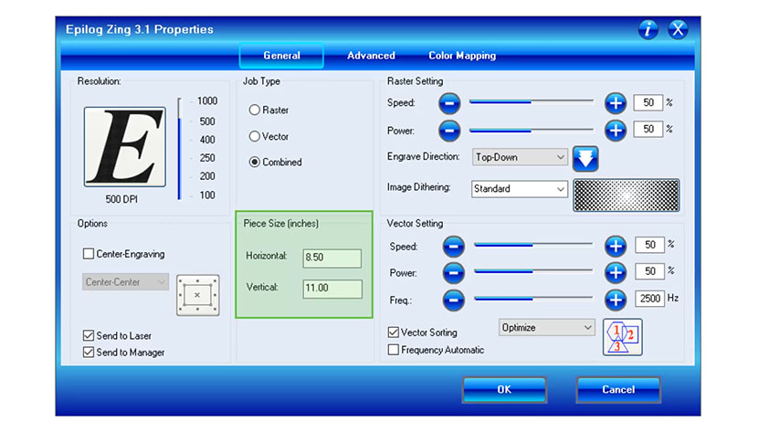 The Piece Size settings in the Epilog Zing print driver.