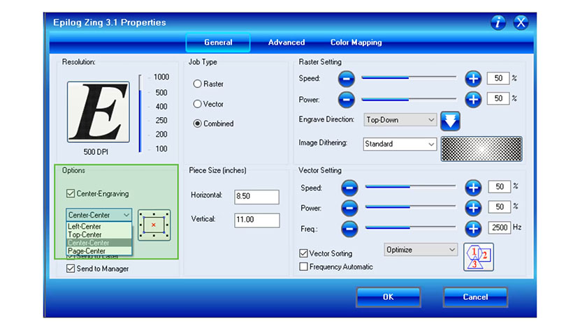 The Center-Engraving setting in the Epilog Zing print driver.