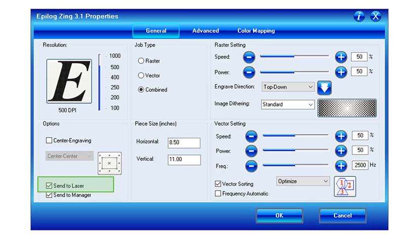 The 'Send to Laser' setting in the Epilog Zing print driver.