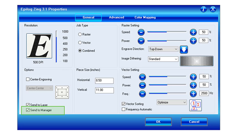 The 'Send to Manager' setting in the Epilog Zing print driver.