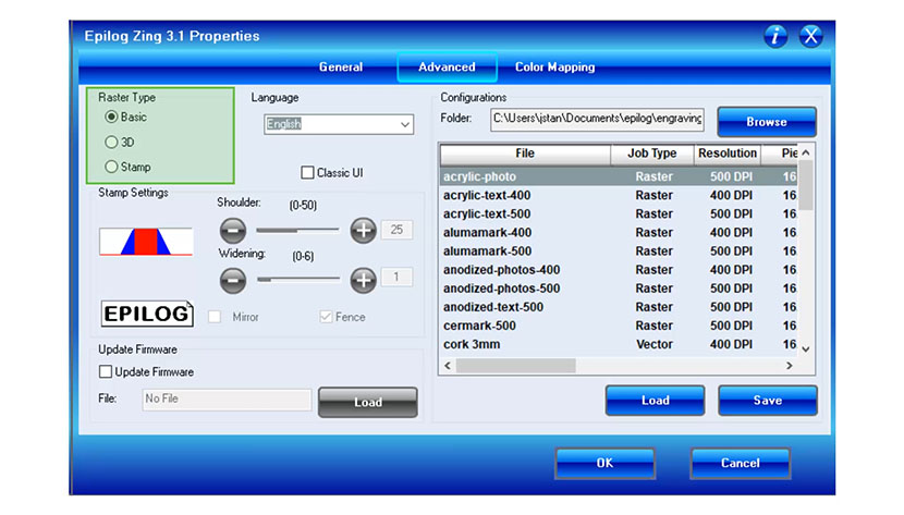 The Basic Raster Type setting in the Zing print driver.