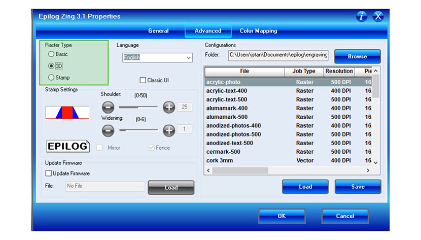 The 3D Raster Type setting in the Zing print driver.