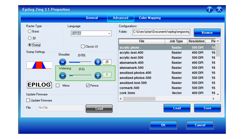 The Widening Stamp Setting in the Epilog Zing print driver.