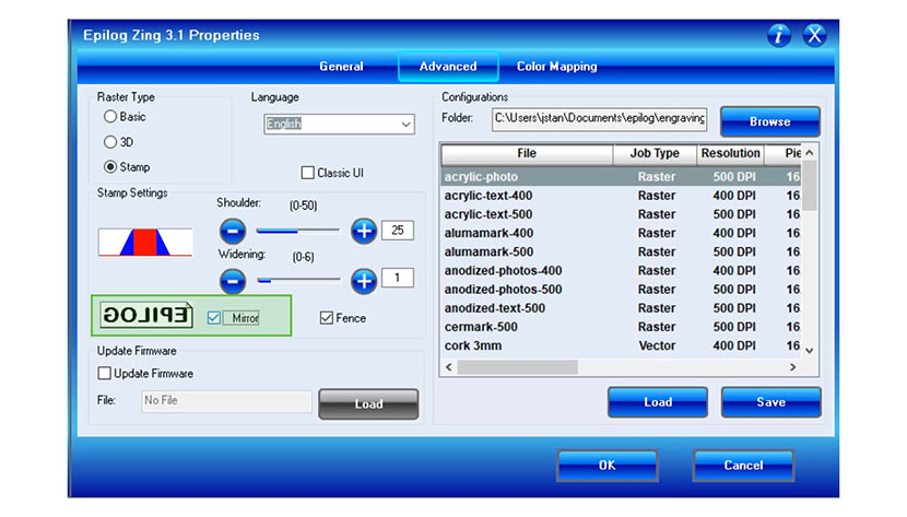 The Mirror Stamp Setting in the Epilog Zing print driver.