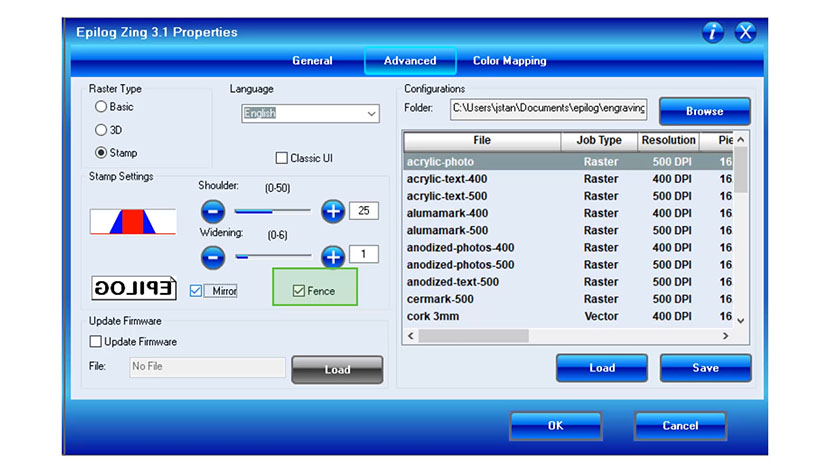 The Fence Stamp Setting in the Epilog Zing print driver.