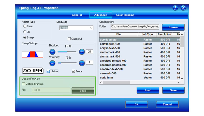 The Update Firmware section of the Epilog Zing print driver.