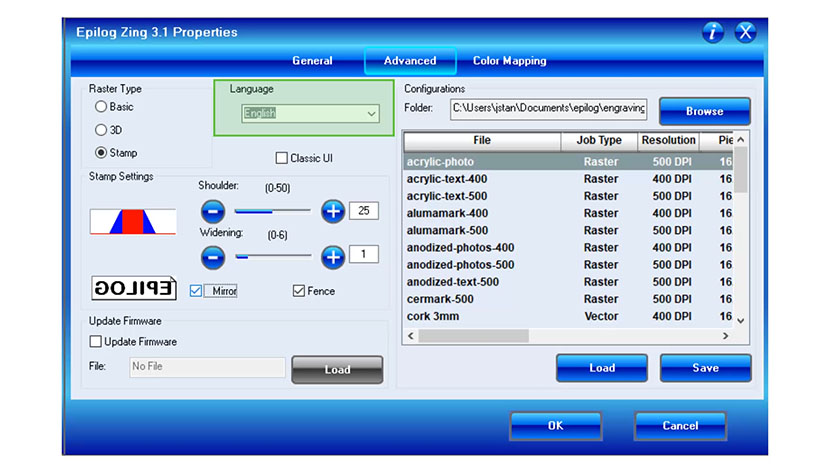 The Language drop-down in the Epilog Zing print driver.