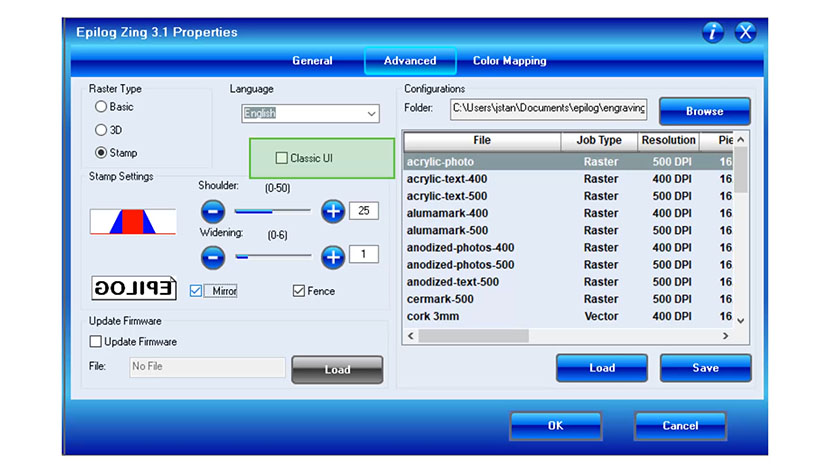 The Classic UI checkbox in the Epilog Zing print driver.