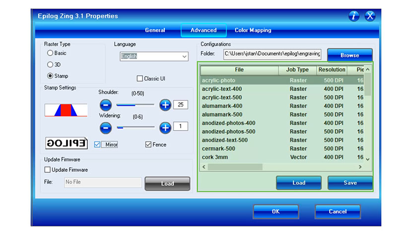 The Configurations settings in the Zing print driver.