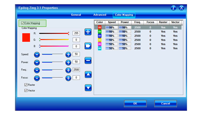 The Color Mapping checkbox in the Epilog Zing print driver.