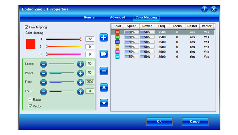 The laser settings section of the Color Mapping tab in the Epilog Zing print driver.