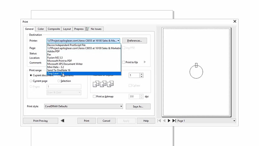 Selecting the Zing from the Print dialog in CorelDRAW.