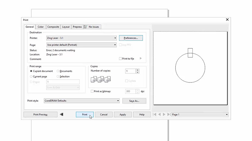 The CorelDRAW print dialog.