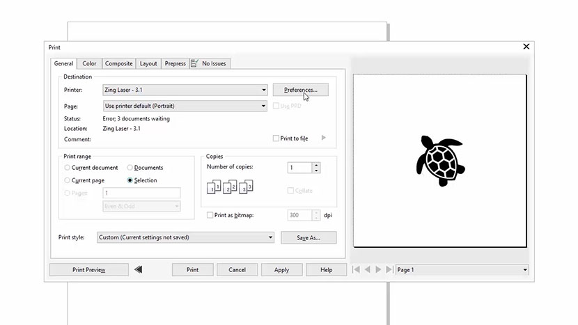 Selecting the Fusion from the Print dialog in CorelDRAW.