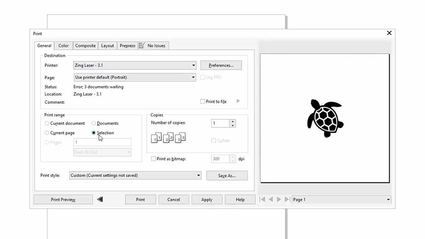 Setting the Print range to Selection in the CorelDRAW Print dialog.