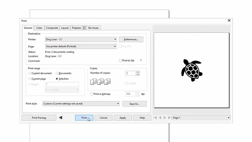 The CorelDRAW print dialog.